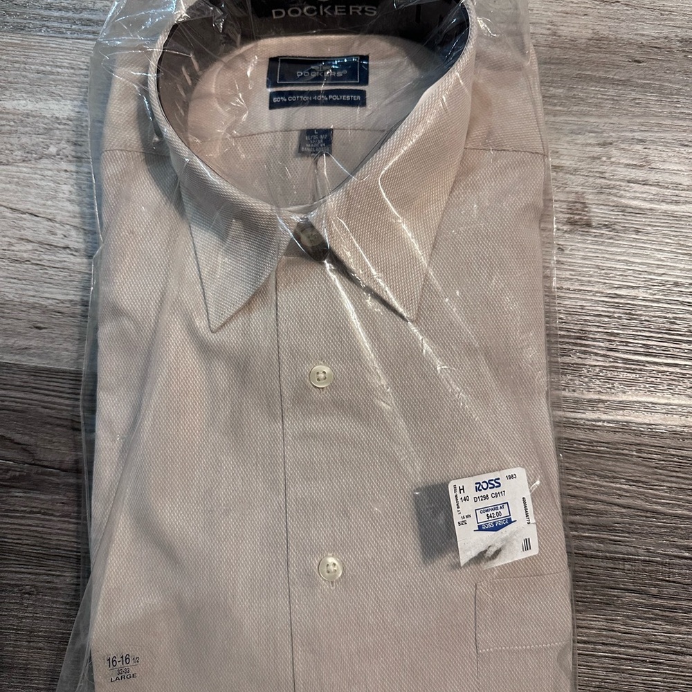 Dockers Tan Dress Shirt with Classic Collar and Subtle Texture